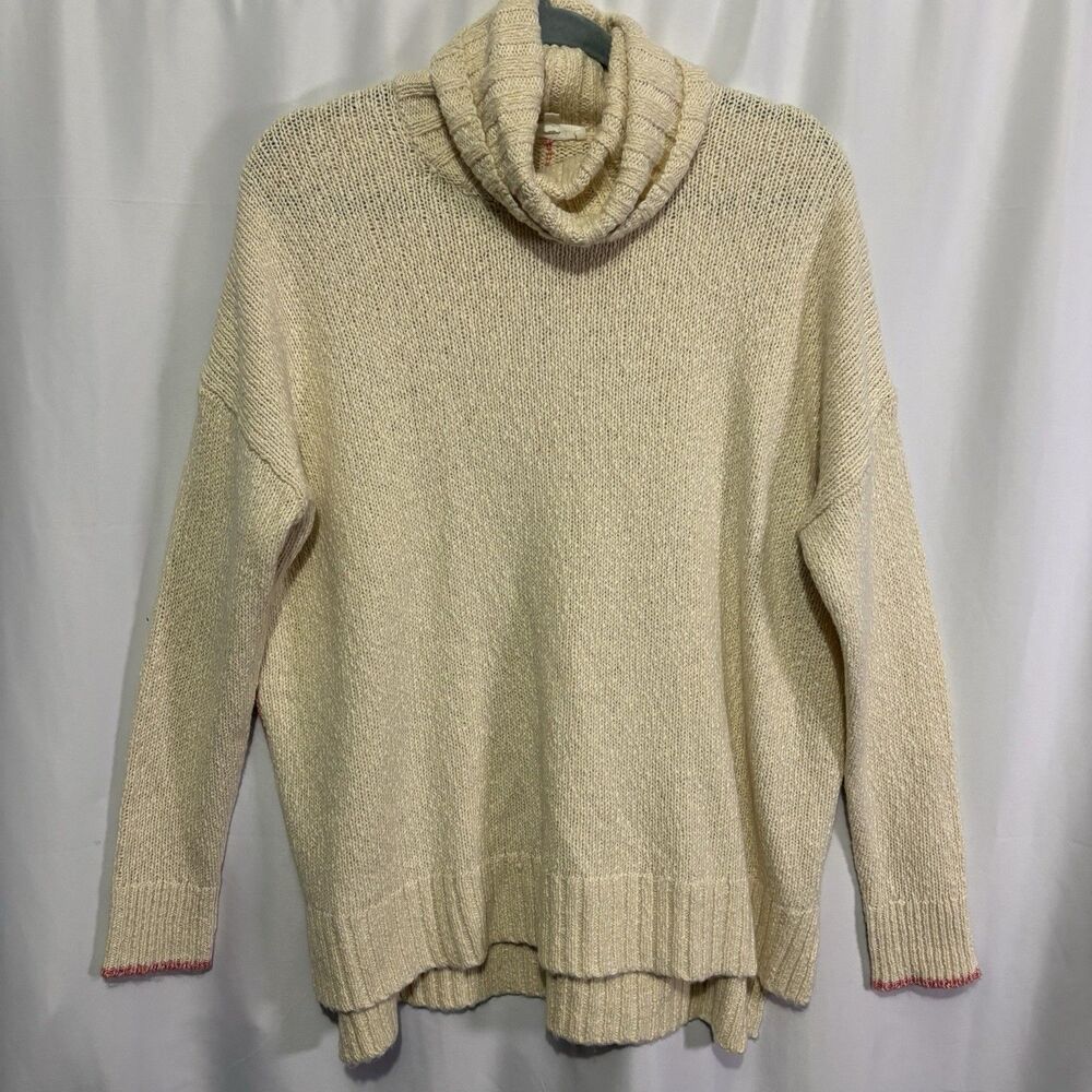 Splendid Womens XS Cream Cotton Blend Turtleneck Sweater Contrast Trim Oversized
